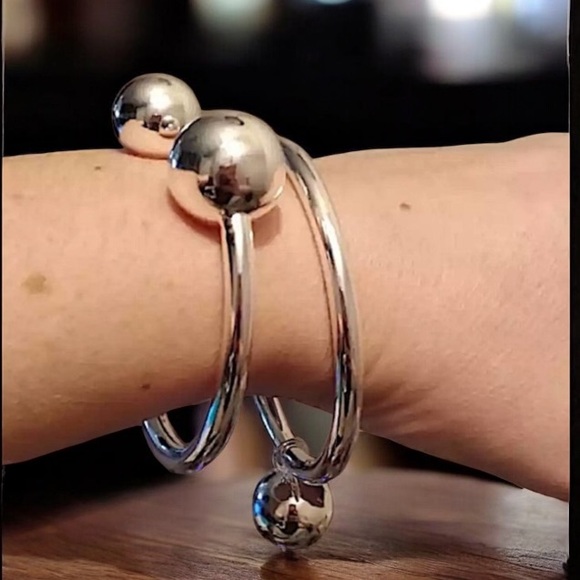 Sterling Silver Drop Ball Bangle Set 2 piece, Drop Ball, Small & Big Ball Set - Picture 2 of 16